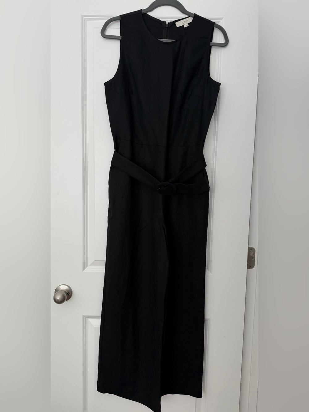 LOFT Linen Black Sleeveless Jumpsuit with Waist Belt